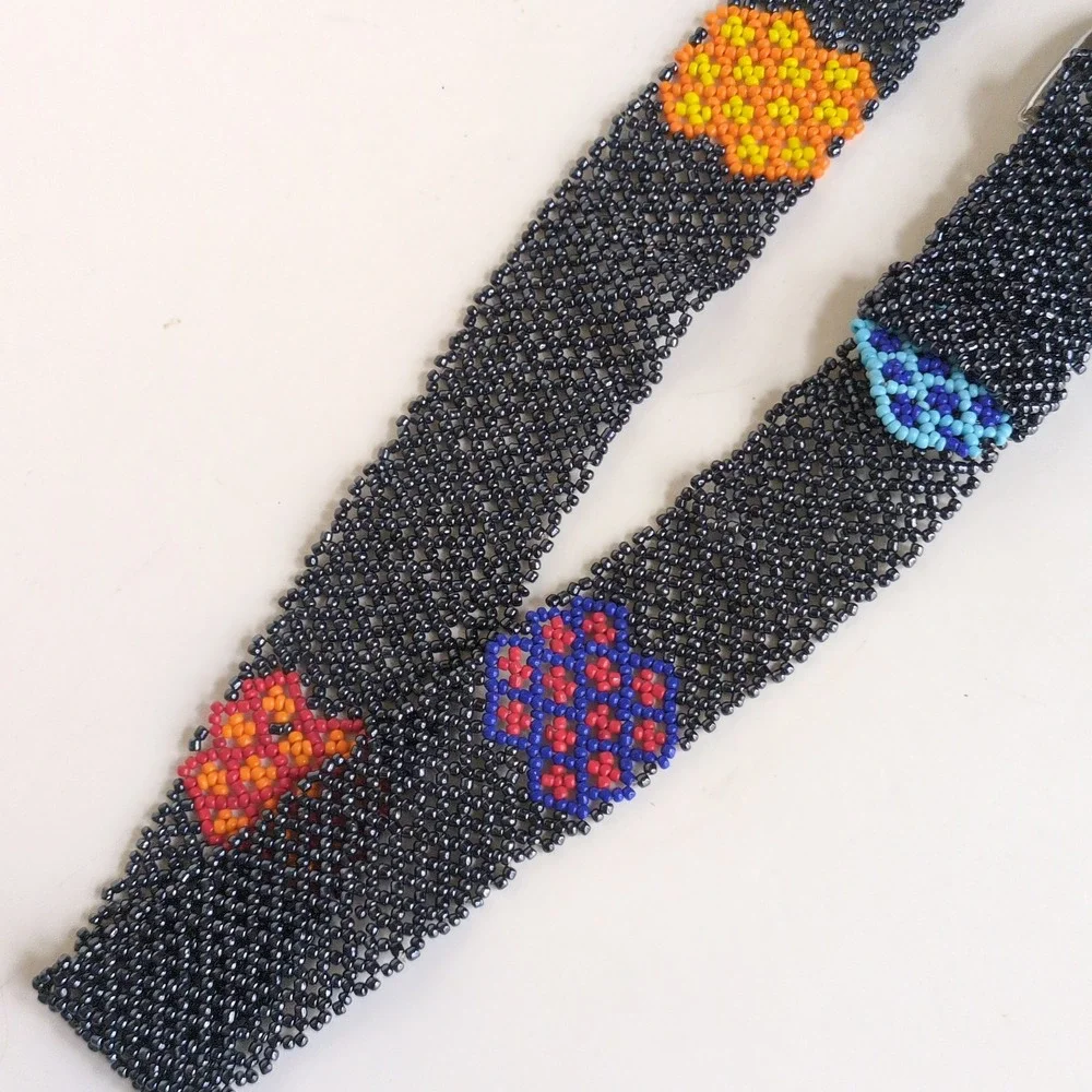 Southwestern Seed Bead Belt Native Black Geometric Floral Woven Beaded